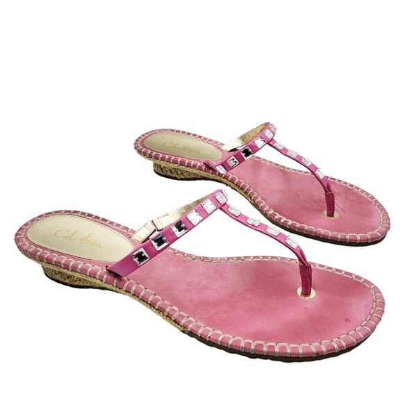 Cole Haan Kalla Pink Suede Rhinestone Embellished Heeled Thong Sandals Women's 8 - Picture 1 of 8